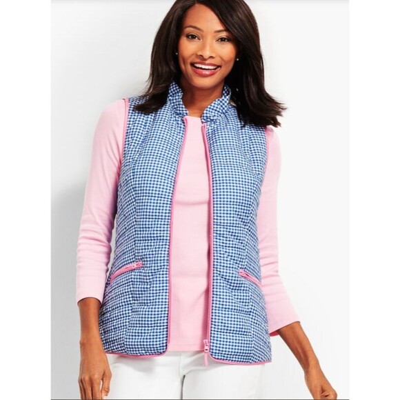Talbots Quilted‎ Puffer Vest Blue Gingham Pink Trim Medium Lightweight NWT - Picture 1 of 11